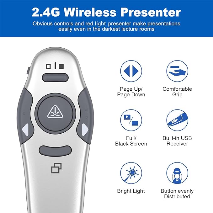 QUI Presentation Clicker Wireless Presenter Remote Clicker for PowerPoint Presentation Remote, PowerPoint Slide Advancer for Mac/Windows/Linux, Google Slide/PPT/Keynote, USB A&C, Silver