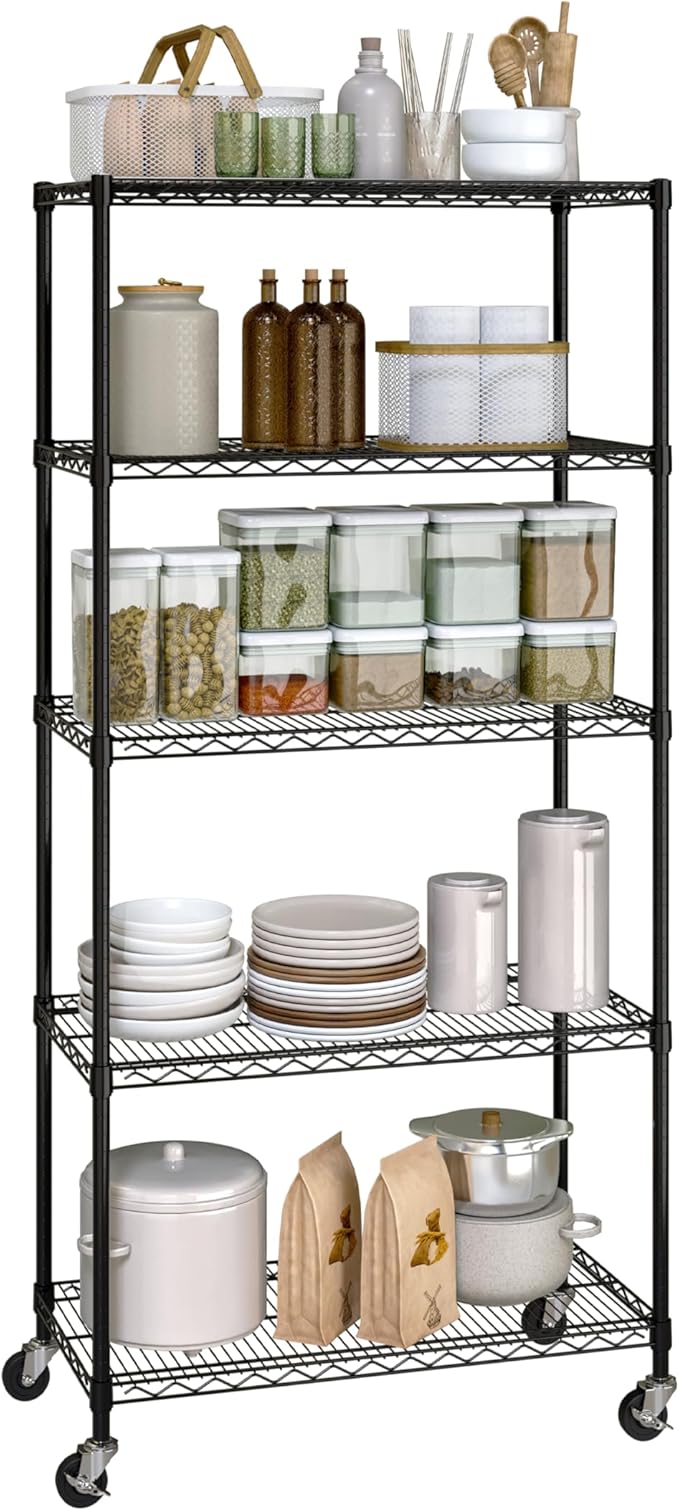 Seville Classics UltraDurable Heavy Duty NSF Solid Steel Wire Rack Storage Unit, Organizer for Garage, Warehouse, Office, Restaurant, Classroom, Kitchen, Black, 5-Tier Shelving, 36" W x 14" D