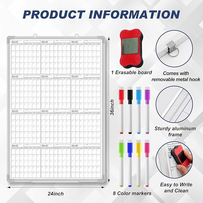 Lincia 36" x 24" Magnetic Vertical Yearly 12 Month Dry Erase Calendar for Wall 2026 Undated Dry Erase Wall Calendar Planner Aluminum Frame Whiteboard for Home Office Projects Fridge