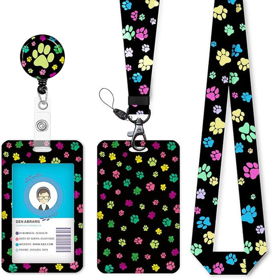 ID Badge Holder with Lanyard, Cute Badge Reel Badge Clip Retractable, Lanyards for ID Badges Name Tags ID Card Holder, Teacher Nurse School Office Gifts, Dog Paws Print