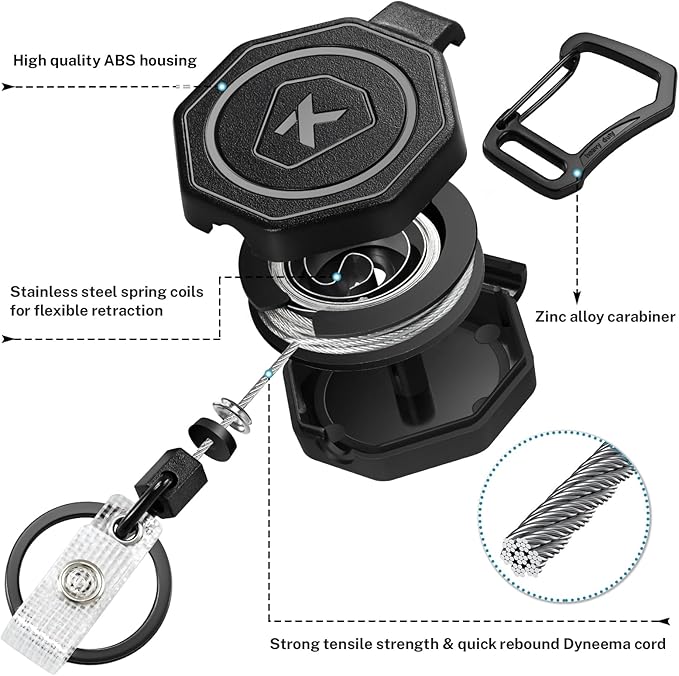 koorito 1 Pack Heavy Duty Retractable Keychain Clip Carabiner Badge Reel Retractable Badge Holder Key Reel with 31.1” Retractable Cord, 9oz, Black