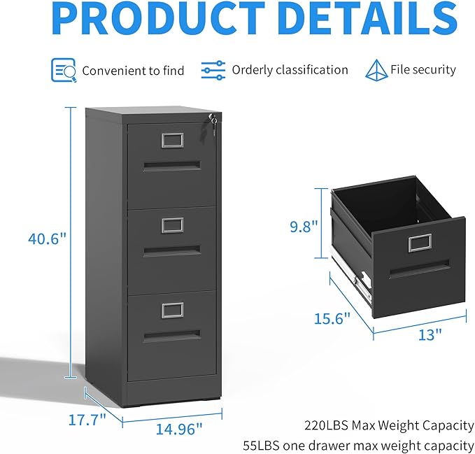 Yukimo 3 Drawer File Cabinet, Vertical File Cabinet with Lock, Metal Locking Filing Storage Cabinet for Home Office, Hanging Files for A4/ Legal/Letter, Assembly Required, Black