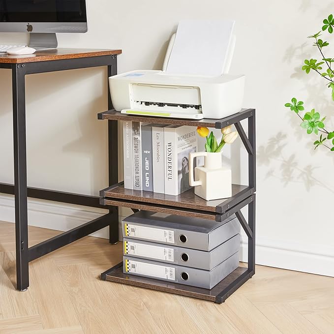 IBUYKE 2-Tier Desktop Printer Stand Holder, Multi-Purpose Desk Organizer Storage Shelf, Book Shelf Printer Shelf for Fax Machine, Scanner, Files, Books, Dark Grey UTLJ004G