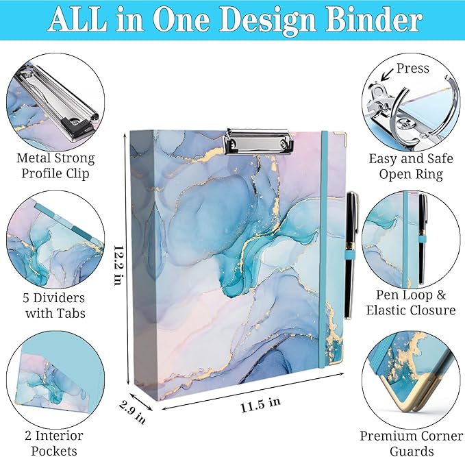 Lateefah 3 Ring Binder, 2 Inch Binder Organizer for Letter Size(8.5'' x 11'') with 5-Tab Dividers and Pockets, File Folders with Low Profile Clipboard for Office, School Supplies
