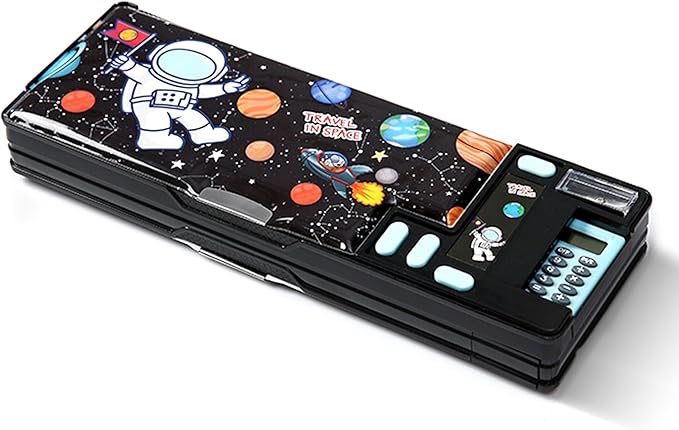 Pop Up Multifunction Pencil Case, Cute Cartoon Pen Box Organizer Stationery with Calculators, Sharpener, Schedule, School Supplies, Best Birthday Gifts for Kids Teens (Black)