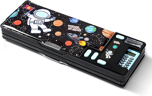 Pop Up Multifunction Pencil Case, Cute Cartoon Pen Box Organizer Stationery with Calculators, Sharpener, Schedule, School Supplies, Best Birthday Gifts for Kids Teens (Black)