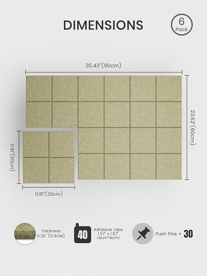 Bumusty Large Felt Bulletin Board 48" x 36" Cork Board Alternative - 6 Pack with 40 Safe Removable Adhesive Tabs, Cork Boards for Walls Cork Board for Home Office Classroom Pin Board (Olive Green)