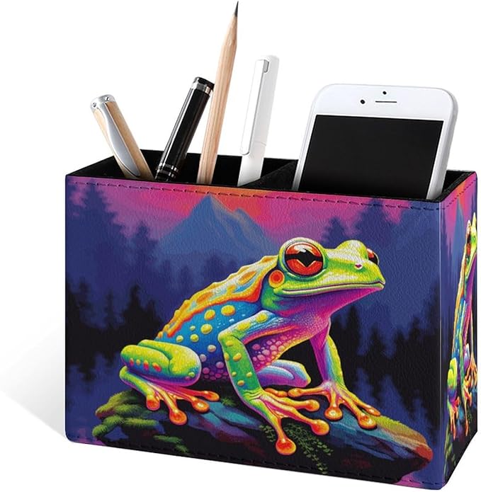 Famame Colorful Frog on Stone Pencil Holder for Desk, Leather Desktop Container Pen Cup Storage Study Table Pen Organizer Makeup Brush Holder for Classroom Office Home
