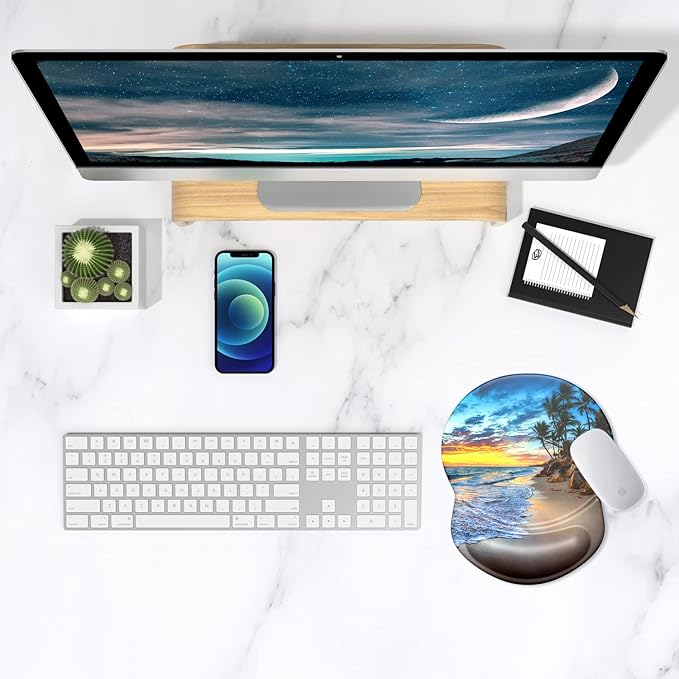 ITNRSIIET Ergonomic Mouse Pad with Gel Wrist Support Small Wrist Rest Smooth Surface Non-Slip PU Base Comfortable Office Supplies Pain Relief, 8.7 x 7.2 inches, Beach