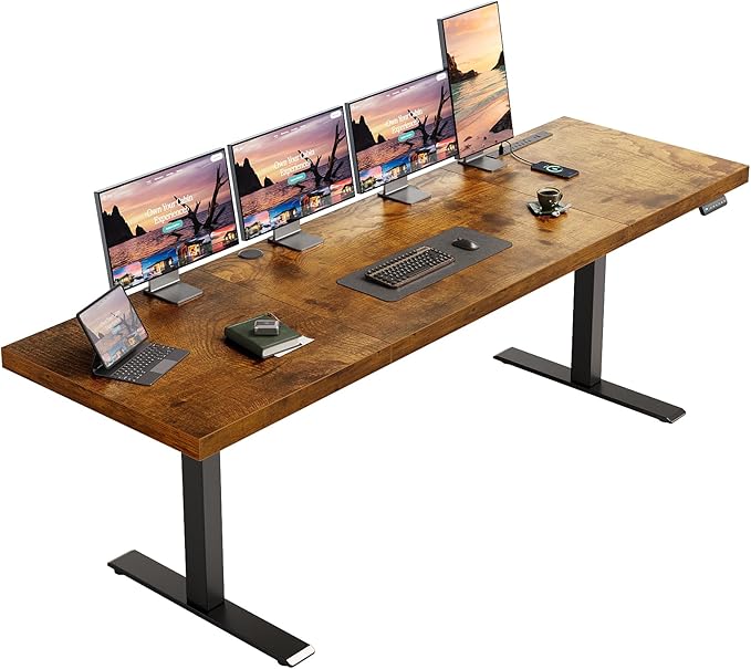 OffiGo 79 Inch Executive Electric Standing Desk, Height Adjustable Desk with Power Outlet & 1.38" Thick 3-Piece Desktop, Sit Stand Computer Desk for Home, Office, Conference Room, Rustic Brown