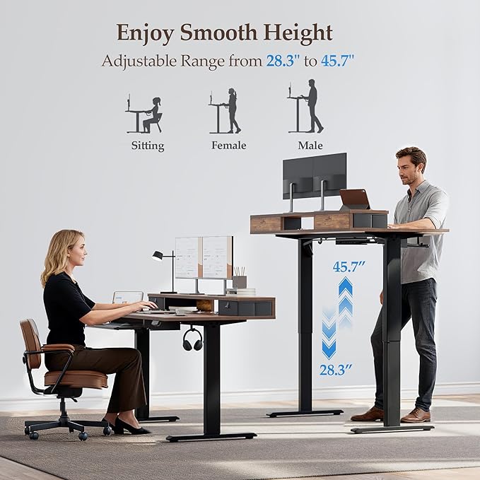 Klicelor 55 Inch Electric Standing Desk with Drawers and Keyboard Tray, Height Adjustable Desks for Home Office, Sit Stand Up Computer Workstation with Two Pieces, Rustic Brown