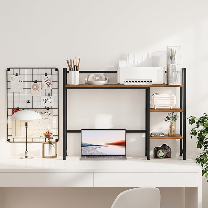 Snughome Desk Shelf, 38.6" Desktop Organizer Shelf, Desk Hutch for Computer Monitor, 4 Tier Desk Display Rack, Wood Desktop Bookshelf Storage Rack for Home Office Dorm, Rustic Brown | Desk Hutch, Computer Monitor, Desktop Display Rack, Home Office Dorm