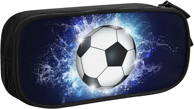 Blue Sports-Themed Pencil Case with Soccer Balls Pattern, Large Capacity Durable Pencil Box Storage Pen Bag with Zippers, Soccer Pencil Pouch Stationary Case for Boys Girls