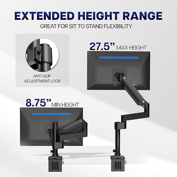 VIVO Premium Aluminum Tall Extended Monitor Arm for Ultrawide Monitors up to 49 inches and 33 lbs, USB Single Desk Mount Stand, Pneumatic Height Adjust, Max VESA 100x100, Black, STAND-V101GTU