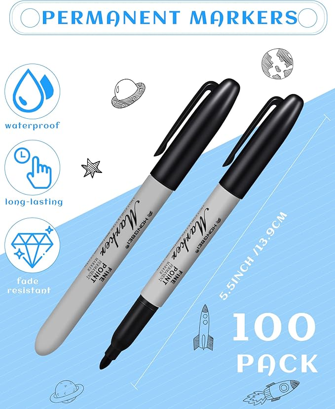 Thenshop 100 Pack Black Permanent Markers Bulk - Fine Point Permanent Marker Quick Drying Waterproof Pens for Doodling Writing Marking Classroom Work on Wood Metal Stone Glass, Office School Supplies