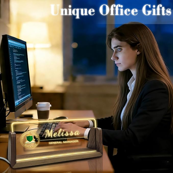 Personalized Acrylic Light Up Name Plate for Desk Custom Desk Name Plate Sign with Warm LED Light & Wooden Base Customized Office Accessories for Boss Teacher Employee