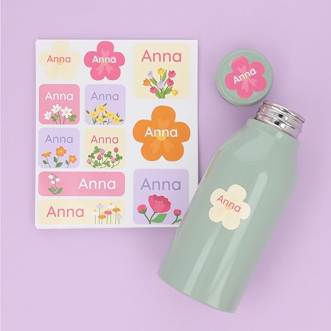 Large Name Labels for Kids (33) - Custom Stickers for Daycare and School Supplies - Durable, Waterproof Stickers for Water Bottles, Lunch Boxes, and More with Unique Designs - Flowers