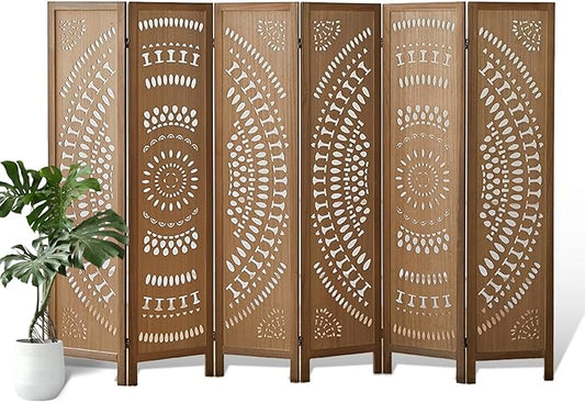 ALeesing 6 Panel Wood Room Divider Fully Assembled, Decorative Room Dividers and Folding Screens, 5.6Ft Room Divider Screen Freestanding Partition Wall Dividers for Home Bedroom Office, Brown