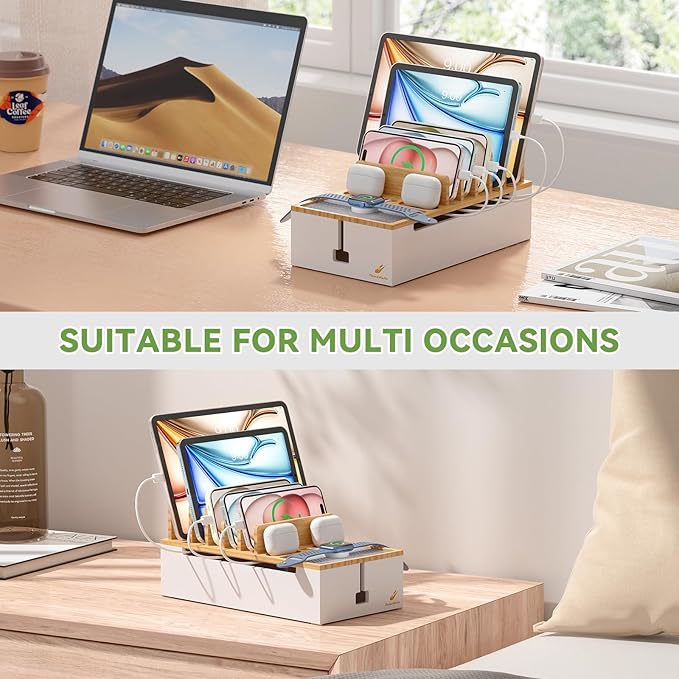 Pezin Hulin Multi Devices Charging Station, with USB Power Adapter HUB, and 6 Wire Cables - Cord Organizer Management, Cell Phone Charger Dock Stand, Desktop Cord Hider Box - Natural +White