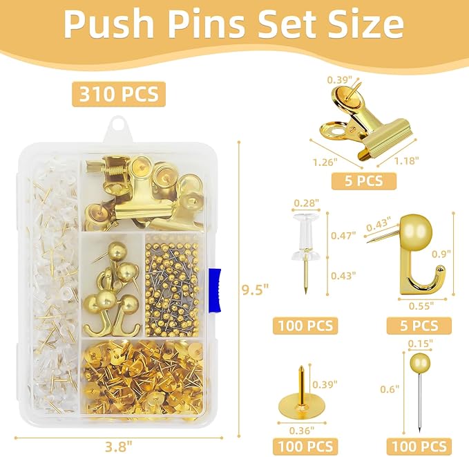 Gold Push Pins Set, 310 Pcs Decorative Thumb Tacks for Cork Board with Push Pin Hooks & Clips, 5 Styles Office Pushpins Set in Storage Box for Bulletin Board, Maps, Photos, Notes