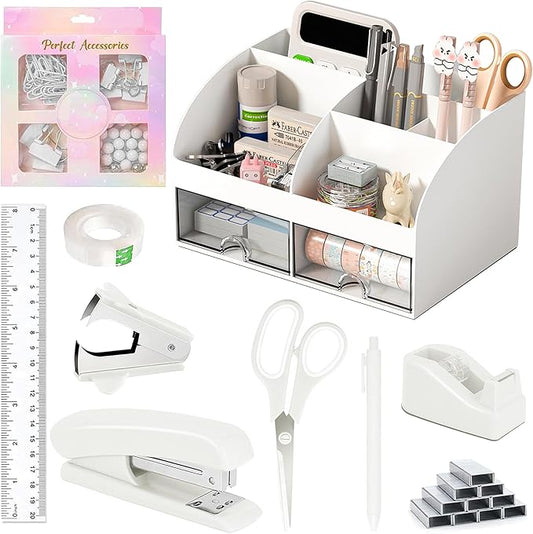 COMFYROOM Desk Accessories with Pen Holder, Office Supplies Desk Organizers and Accessories, Tape Dispenser, Stapler, Staple Remover, Staples, Clips Set, Ruler, Scissor, Pen, Tape (White)