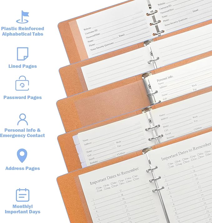 Reﬁllable Address Book with Alphabetical Tabs, Gold Foil Hardcover Phone Book 648 Contacts Book, 48 Passwords Combo Book, Large Print Address Books for Seniors, A5, Blue
