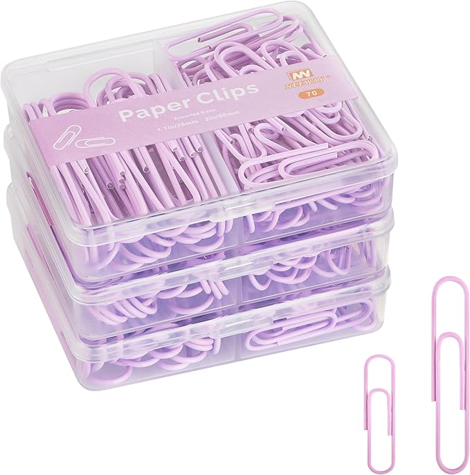 NEEWAY Colorful Paper Clips Assorted Sizes, Small and Large Paperclips, 210 Count, 3 Pack of 70 (Light Purple)