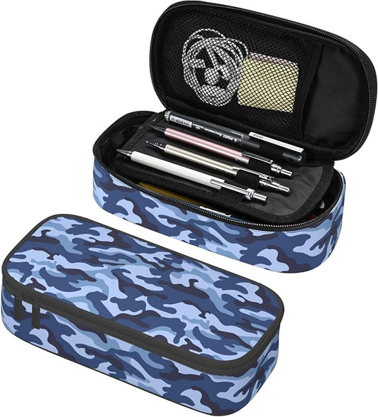 YIJIUWKIS Kids Adults Camo Style Pencil Case Blue Pencil Box for Boys Men Girls Women, Portable Canvas Storage Pouch Marker Pen Organization Bag, Desk Office Organizer Travel Bag