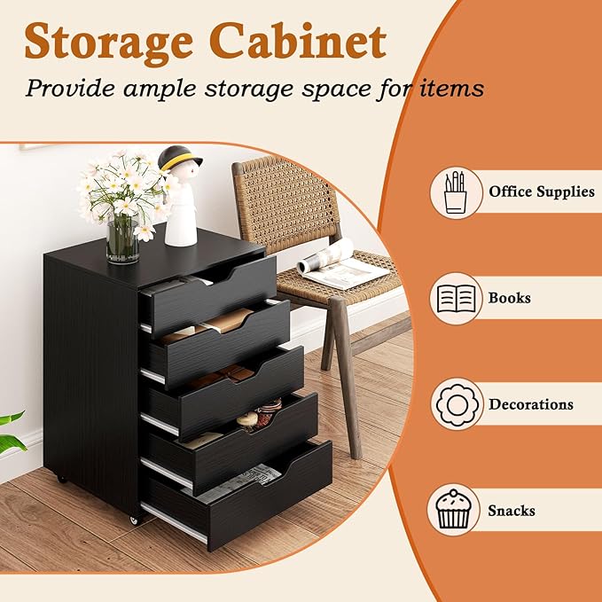 Giantex 5-Drawer Storage Cabinet, Mobile Lateral File Cabinet with Drawers, Wheels, Rolling Chest of Drawers, 19.5" x 16" x 25.5" for Office Under Desk Living Room, Study