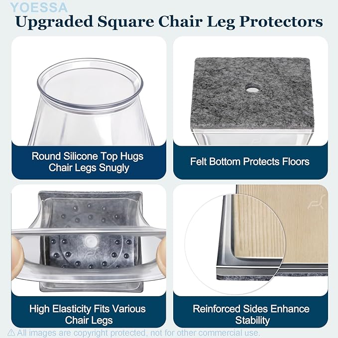 32 Pcs Square Chair Leg Floor Protectors, Clear Silicone Chair Leg Caps Covers Sliders for Hardwood & Tile Floors, Stay-On Tight Fit Design, Scratch-Free & Noise Reduction (S Fits: 3/4" to 1-1/16")