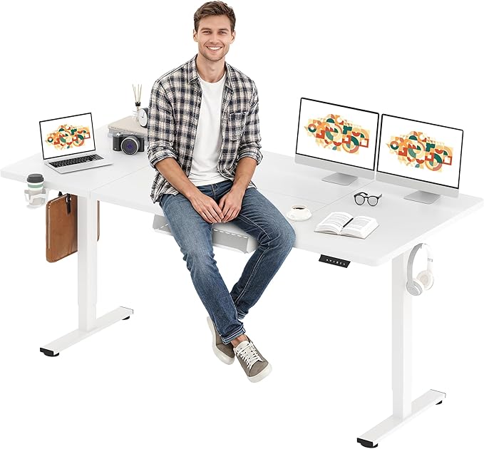 SANODESK Electric Standing Desk 79 x 32 Inches Height Adjustable Stand Up w/6-Button Controller Ergonomic Computer Desk with Splice Board for Home Office, White Frame + White Tabletop