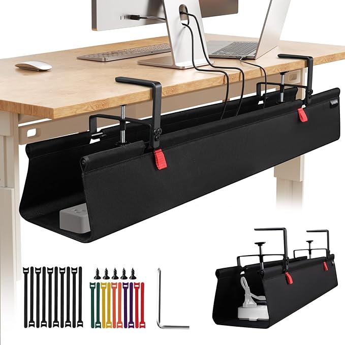 SUREUP9 No Drill Under Desk Cable Management Tray, 48" Cord Organizer with Clamp, Fabric Cable Management for Standing Desks, Ideal for Home & Office - Black