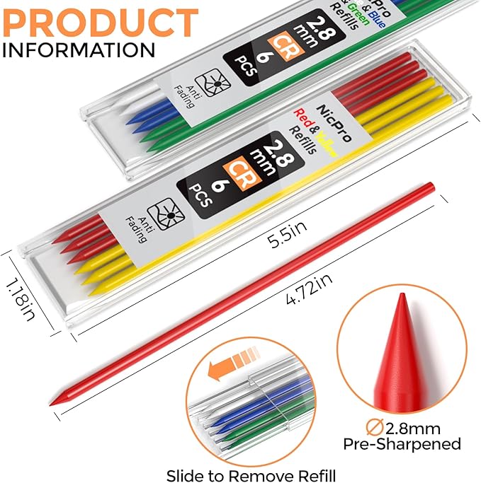 Nicpro 60 PCS Carpenter Pencil Refills - 2.8mm Lead for Mechanical Pencils, Construction & Woodworking - Break Resistant (Black, Red, Yellow, Green, Blue, White)