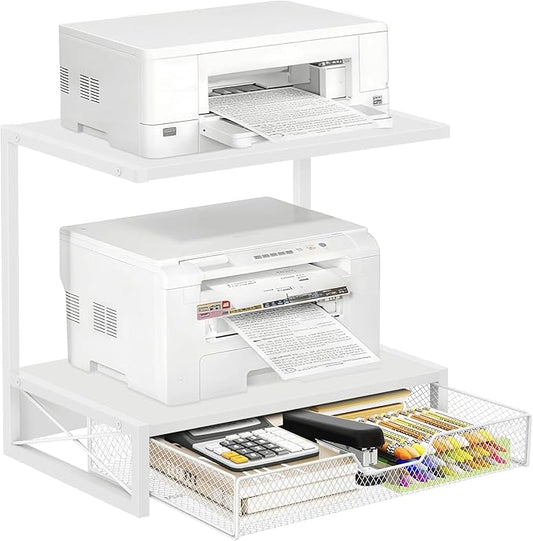 ELITEROO Printer Stand for Desk with Storage Drawer, 2 Tier Desktop or Under Desk Shelf, Wood Desktop Organizer for Home Office, Fits 3D Printer, Scanner, Fax Machine, Cricut, White