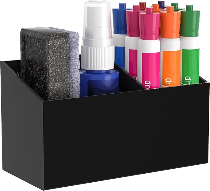 HBlife Magnetic Dry Erase Marker Holder for Whiteboard with 2 Compartments, Acrylic Wall Mount Magnet Pen Pencil Holder for Refrigerator, Locker Organizer Accessories for Classroom Office, Black