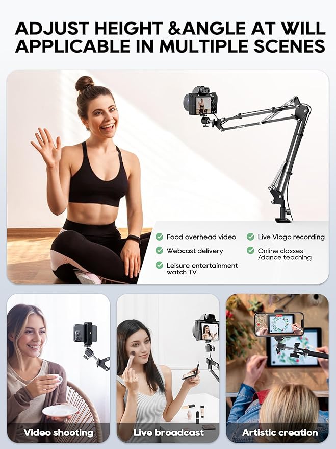 CACENCAN Overhead Camera Mount, 5lb Horizontal Load-Bearing, 360° Adjustable Stand for Desk, Flexible with Phone Clamp, Tabletop Mount for DSLR Camera/Webcam/Microphone