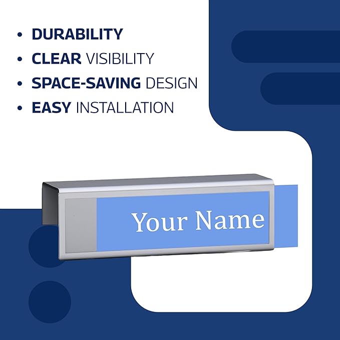 4-Pack 8.5" x 2.5" Cubicle Partition Name Tag - Silver Border 2" Hook - Holder for Custom Plate – Desk or Partition Use – Silver Frame – 2" x 8" Insert for Wall Display By Plastic Products Mfg