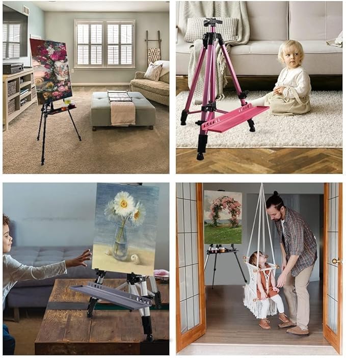 RRFTOK Art Easel Stand for Painting and Sign - Aluminum Metal Artist Tripod Adjustable Easels for Display Height from 21 to 61Inches - Canvas Stand with Paintbrush Tray for Artists Adult Holder