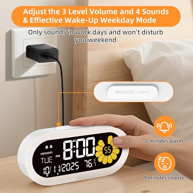 DOOMAY Digital Alarm Clock for Bedroom: Dual Alarm Bedside Clock VA LCD Display with Seconds, 9-Minute Snooze and Weekend Mode, 3 Brightness, 4 Alarms and 3 Volume Levels，Type C & Battery Included