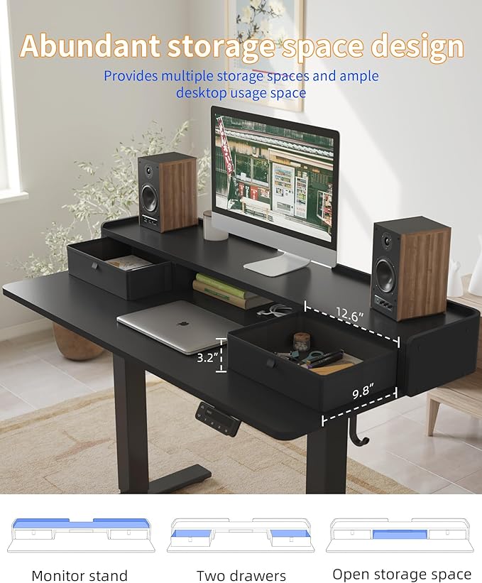 YIHAYO Electric Standing Desk with Drawers, 55 x 24 Inches Adjustable Desk with Storage Shelf, Stand Up Desk with Splice Board, Computer Table for Home Office, Black Frame/Black Top