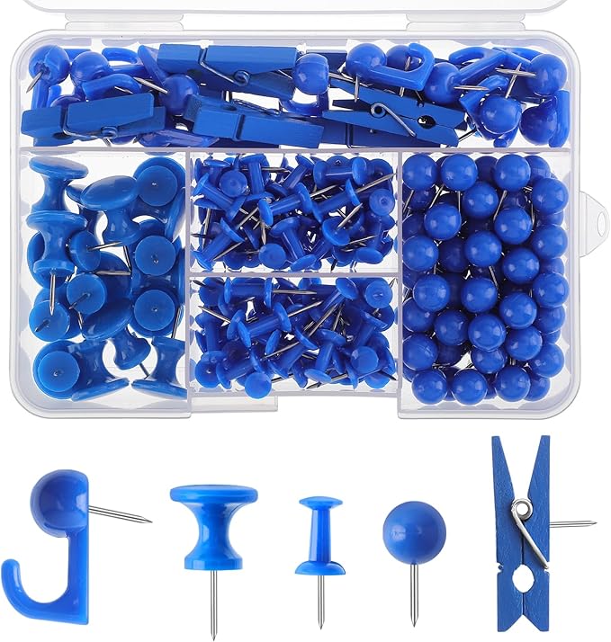 200 Pieces Push Pins Set, 5 Types Blue Thumb Tacks Cute Decorative Push Pins for Wall Cork Board Bulletin Boards with Storage Box