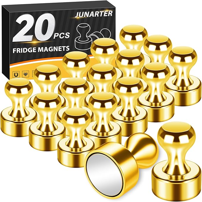 Junarter 20 Pack Magnetic Push Pins, Gold Strong Fridge Magnets, Whiteboard Magnets, Refrigerator Magnets Strong, Dry Erase Board Magnets for Fridge, Whiteboard, Office, Classroom, Kitchen, Map