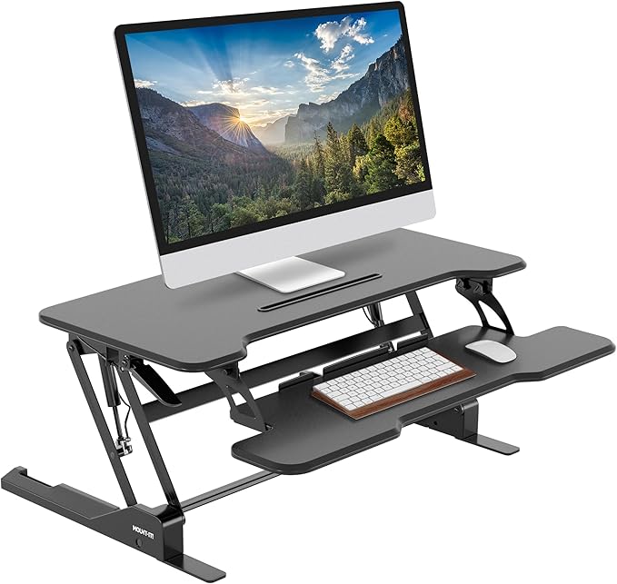Mount-It! 38" Standing Desk Converter, Desktop Sit-Stand Desk Riser with Gas Spring Height Adjustment, Compact Desk Topper for Dual Monitors or Laptop, Keyboard Tray, Black