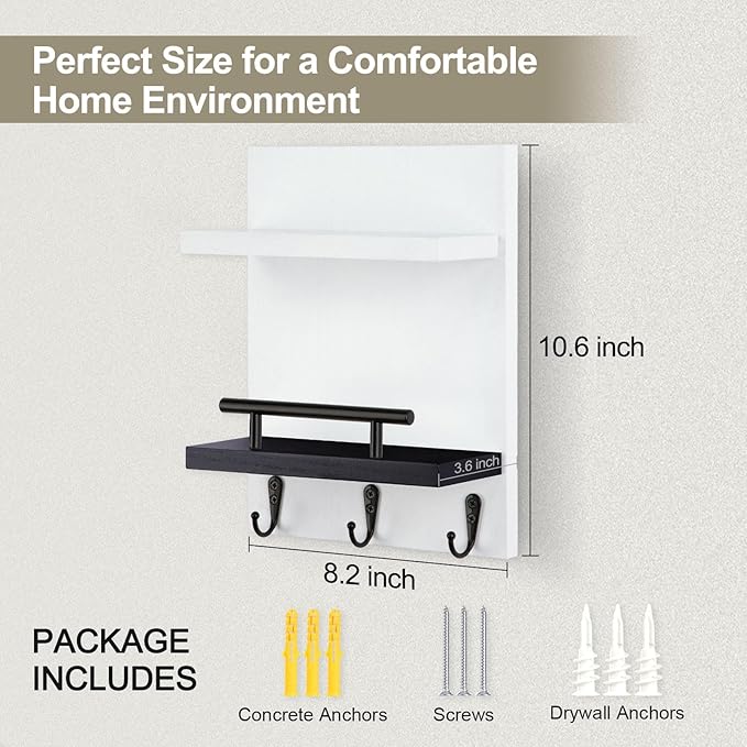 Key Holder Wall Mount, Key Holder With 2 Display Shelf, 3 Hooks for Key, Coat, Dog Leash, Key Hanger with Hook for Mail, Potted Plant, Farmhouse Mail Holder, Entry Way Organizer (White & Black)