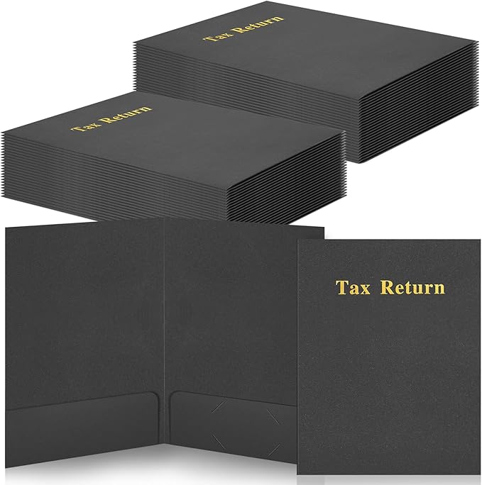 Harloon 40 Pcs Tax Return Folders 12 x 9 Inches 2 Pocket Folders Bulk Gold Foil Stamped Heavyweight Folder, Holds 8 x 11 Inches Letter Size Paper(Black,Cardboard)