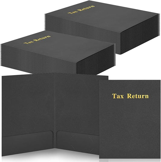 Harloon 40 Pcs Tax Return Folders 12 x 9 Inches 2 Pocket Folders Bulk Gold Foil Stamped Heavyweight Folder, Holds 8 x 11 Inches Letter Size Paper(Black,Cardboard)