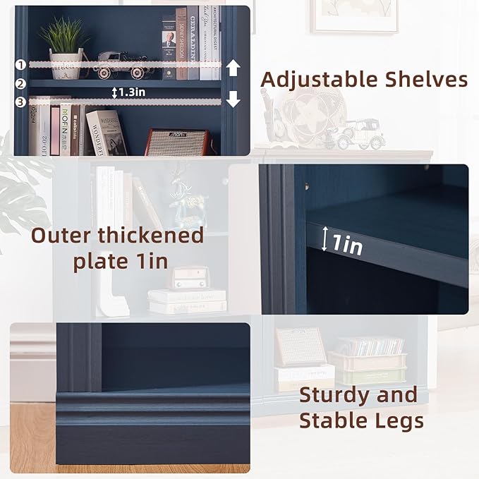 RWYHG 43" Blue Tall Bookshelf Set of 2,3-Tier Thick Wooden Book Shelf with Adjustable Shelves,Free Standing Farmhouse Bookcase with Open Display Storage,Floor Vintage Bookshelves for Living Room