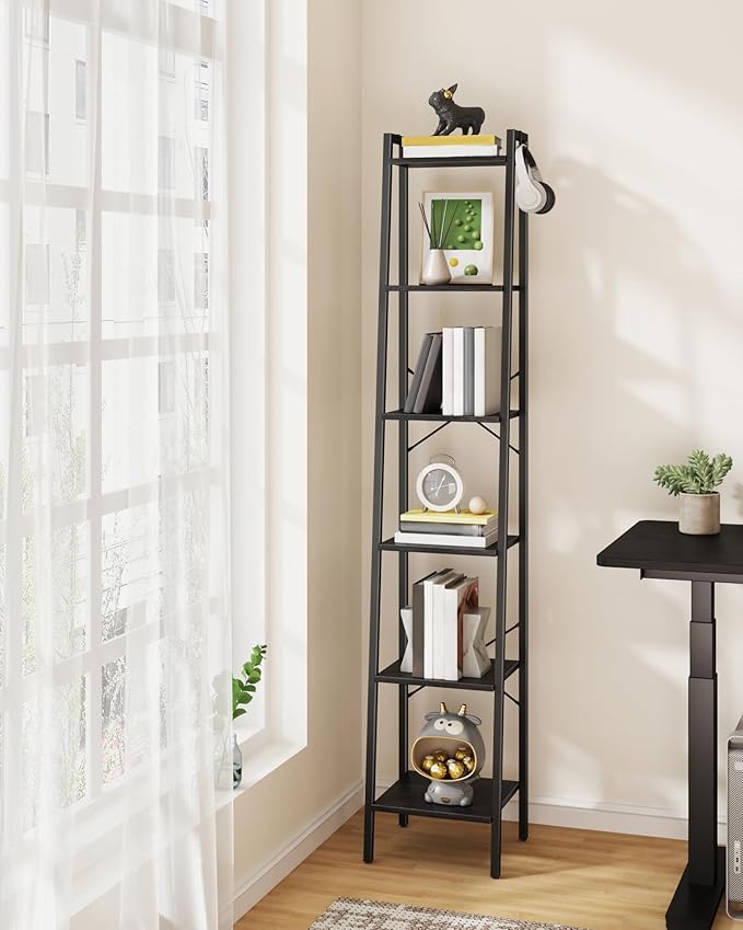 Hzuaneri Ladder Shelf, Bookshelf Bookcase, Freestanding Corner Storage Shelve with 2 Hooks for Home Office, Living Room, Kitchen, Bedroom, Industrial, 11.8" D x 13.4" W x 72.8" H, Black BC13304B