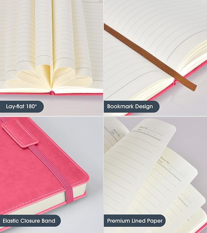 Biuwory Lined Journal Notebook for Women Men,256 Pages A5 Hardcover Leather Journals for Writing,Travel,Business,Work & School,College Ruled Notebooks for Note Taking,Diary Notepad 5.7"×8.3"(pink)