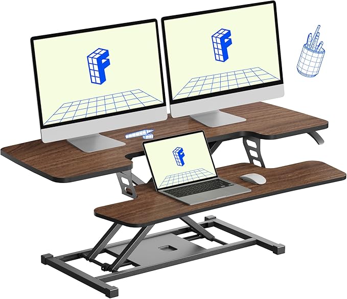 FLXISPOT 42" Standing Desk Converter Sit to Stand up Riser Height Adjustable Monitor and Laptop Workstation with Spacious 2-Tier Desktop, Walnut Color